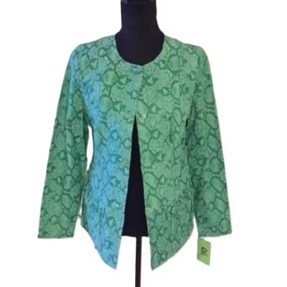 Chi by Falchi Green &Cream 100% Leather Snake Print Button Up Jacket XS NWT $189 - Picture 4 of 7